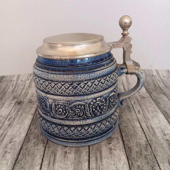 Vintage Gerz W Germany Lidded Beer Stein Cobalt Blue Lion Relief Stoneware... - Picture 4 of 11